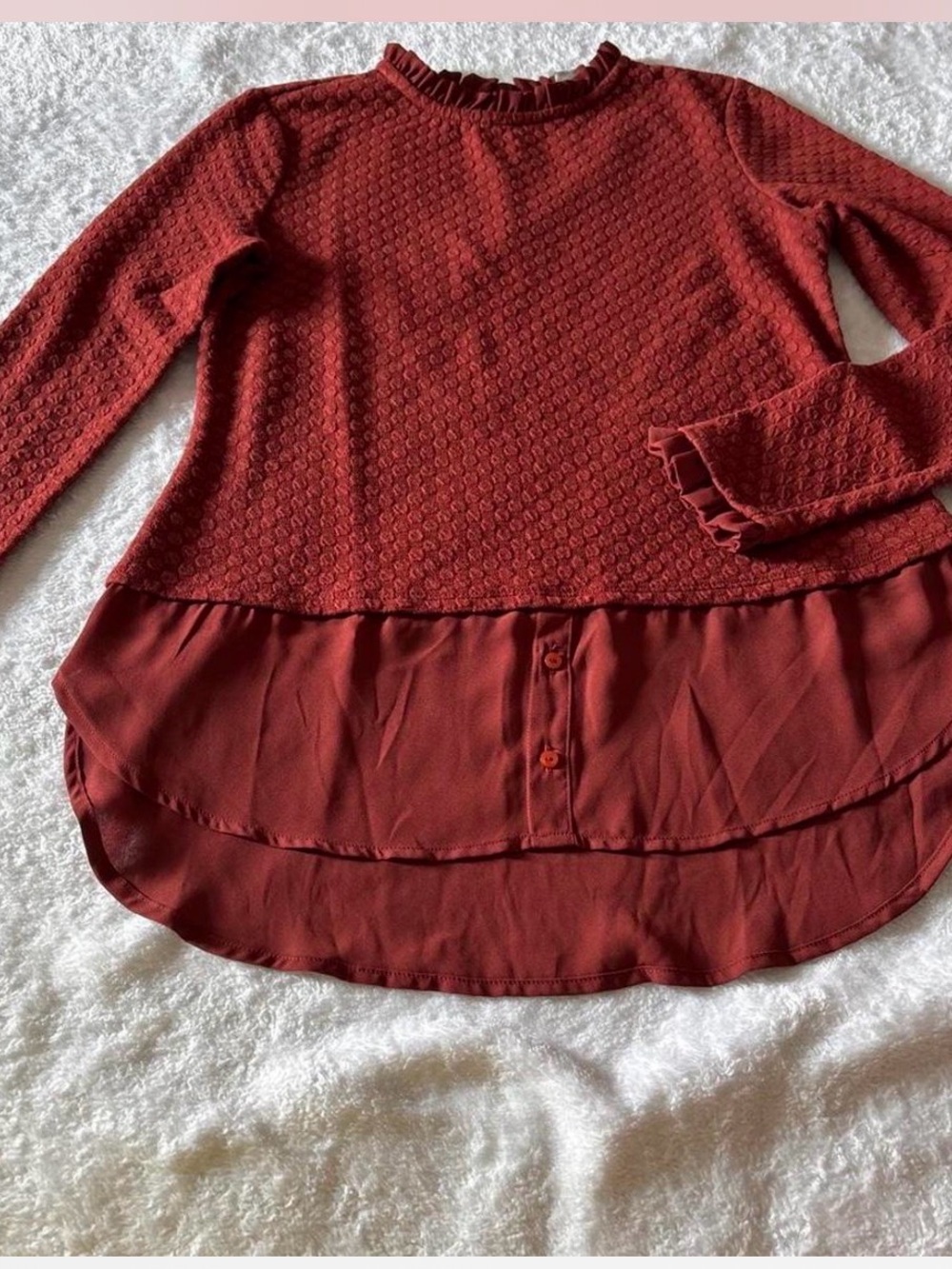 Elle Brick Red Layered Ruffle-Hem  Blouse
